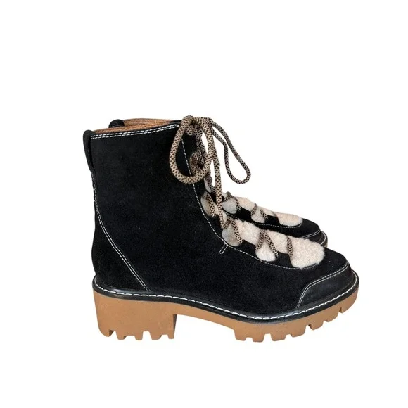 Soludos Womens Black Suede Faux Fur Lug Sole Hiker Boots 8.5 US 39 EU - Picture 4 of 11